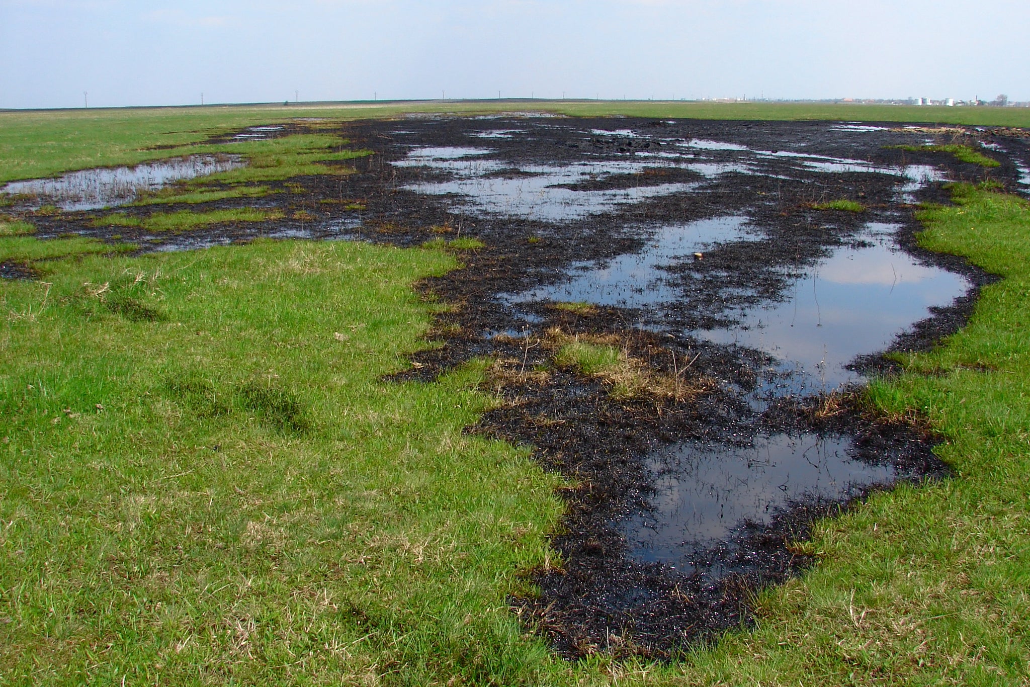Petroleum oil spill in green fields that need bioremediation